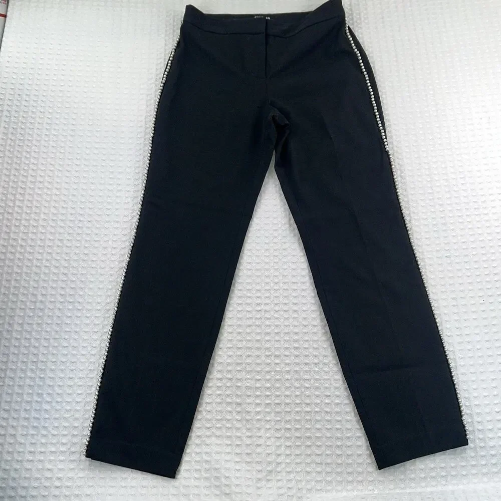Express Womens S Black Ankle Pants Pearl Side Trim Mid Rise Stretch
